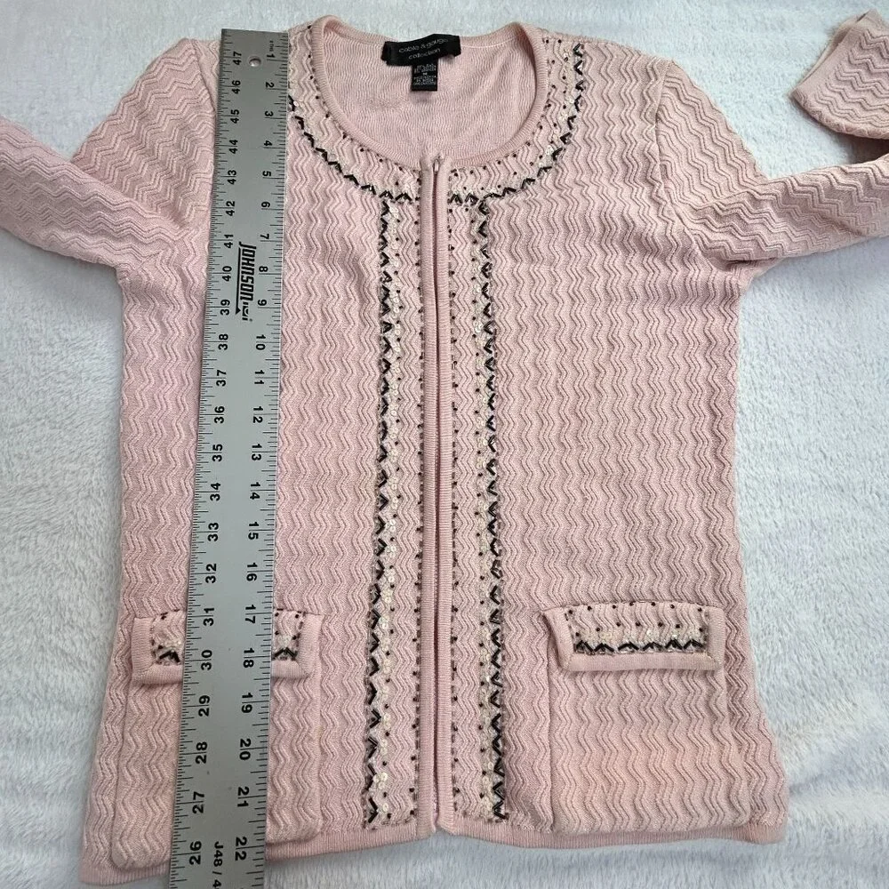 Cable & Gauge Womens Pink Cardigan Sweater Medium Zip Beaded Sequin Embellished